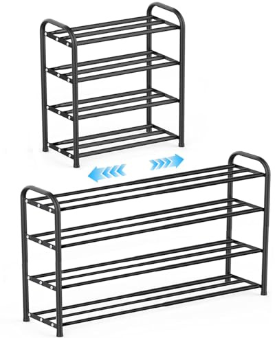 Kongming Skohylla metall svart, skohylla utdragbar smal, skoförvaring platsbesparande skoförvaring justerbar 43 till 78 cm bred för skåp, entré, hall, hall (4 våningar)