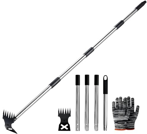 MEETOZ Weed Puller Tool with Long Handle, 2 in 1 Manual Weed Rake and Garden Hoe, 150cm Weed Remover Gardening Tools, for Yard, Lawn, Patio, Garden Hoe Weeder Rake Combo