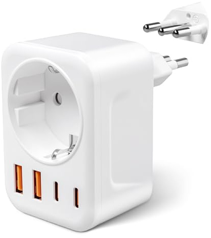 Adaptateur Prise Italien avec 1 Prise CA, 2 Ports USB-A et 2 Ports USB-C (3,4 A) Adaptateur de Prise de Voyage de Type L FR vers IT pour l'Uruguay, Le Chili, l'Éthiopie, l'Italie, la Libye, la Syrie