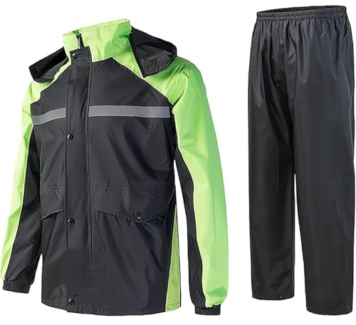 Generisch Traje de lluvia para hombre, impermeable, reflectante, con pantalón, 2 unidades, ropa de lluvia, chaqueta cortavientos con capucha, traje de lluvia para moto, resistente al agua, juego de
