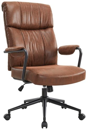 IWMH Mid-Century kontorsstol, ergonomisk modern skrivbordsstol, gammalt konstläder tyger snurrstol med lumbalstöd, högt ryggstöd, höjdjusterbar chefsfåtölj, datorstol, brun