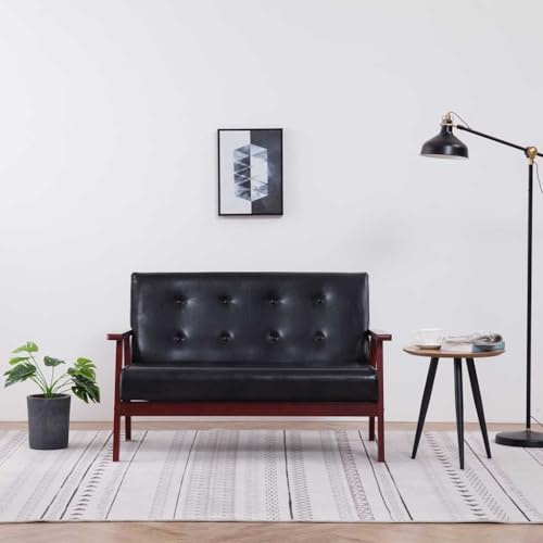 WEMYUFURN Retro-Sofa mit Kunstleder Bezug und Holzgestell – Bequemes 2-Sitzer Sitzmöbel für Wohnzimmer mit Langlebiger Polsterung und Pflegeleichte Reinigung