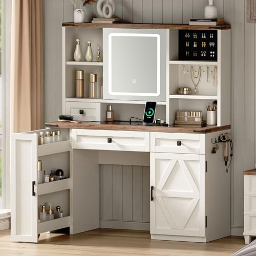 Farmhouse Makeup Vanity Desk with Lights and Sliding Mirror, Glass Top Vanity Table with Charging Station, 3-Tier Hidden Storage, Jewelry Organizer, 2 Drawers, Farmhouse Style for Women, Bedroom-White