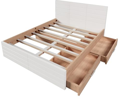 muenfly Bettgestell 140 x 200 cm Bettrahmen mit Lattenrost, Doppelbett Holzbett mit 2 Schubladen unter dem Bett, Modern Gästebett Jugendbett, Perfekt für Schlafzimmer, Weiß