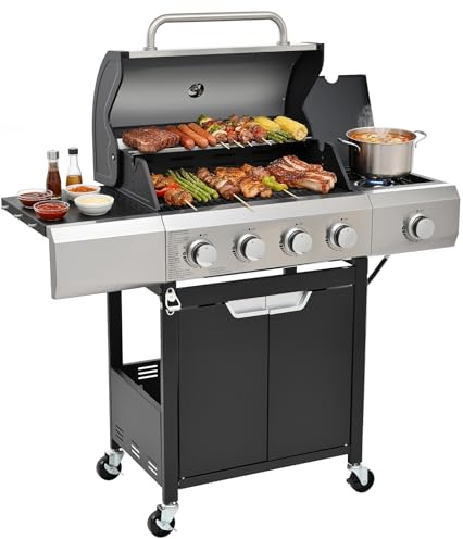 EUHOME Barbecue a bruciatore in acciaio inox da 51.000 BTU con 4 bruciatori, barbecue a gas propano con bruciatore laterale, zona cottura di 452 m² con porcellana per terrazzo, campeggio, cucina