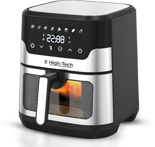 Friggitrice ad Aria High Tech – 8 Litri, Schermo Touch Elettronico, Controllo Temperatura, Finestra Visibile, Pentola Singola, Rack per Fumare, Cavità Interna Metallica – Nero/Argentato Metallico