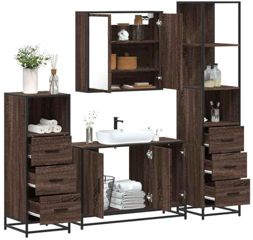Ziaphsol 4-TLG. Badmöbel-Set Braun Eichen-Optik, Holzwerkstoff mit Metallgestell, Waschbeckenunterschrank, Spiegelschrank, 2 Badschränke, robust, langlebig, ideal für Badezimmer