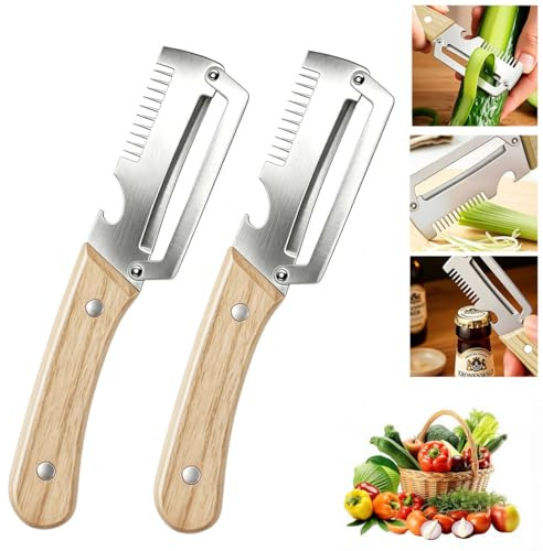 Multifunctional Vegetable Peeler, Stainless Steel Peeler with Wooden Handle, 3-in-1 Peeler Knife & Bottle Opener & Julienne Peeler, Multifunctional Peelers for Kitchen, Camping & Home Use (2Pcs)