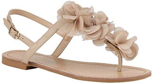 stiefelparadies Damen Dianetten Blumen Sandalen Zehentrenner Sommer Flats Beach Zierperlen Schuhe 114996 Nude 36 Flandell