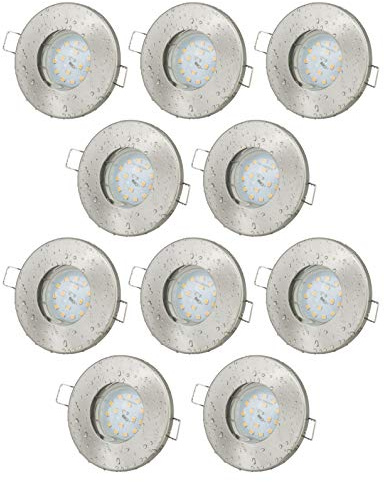 JungesLicht 10er Set Einbaustrahler IP65 Optik: Edelstahl gebürstet GU10 5Watt LED Leuchtmittel 3000Kelvin warm-weiß 420Lumen = 40W Lichtleistung, Leuchtmittel austauschbar, für 55-68mm Bohrlöcher
