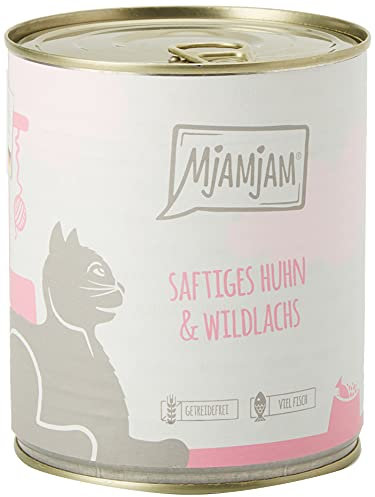 MjAMjAM - Premium Nassfutter für Katzen - saftiges Huhn und Wildlachs, 6er Pack (6 x 800 g), getreidefrei mit extra viel Fleisch