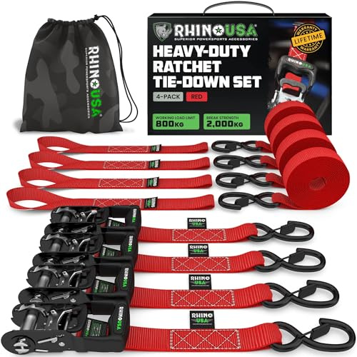 Rhino USA Spanngurte mit Ratsche (4er-Set) 4cm x 2,4m - 2.000kg Zurrgurte | 2.000kg Manueller Spanngurt mit S-Haken & Weichen Schlaufen. Für LKW, ATV, UTV, Motorrad & Fracht. Rot