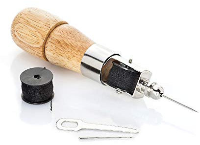 UPP máquina de Coser portatil Manual I Punzón para Coser Cuero, Kit Costura Profesional, Set reparador de Ropa I Herramienta Punch Needle, Aguja de Costura a Mano (Madera y Hierro, 16cm, Ø 3.5cm)