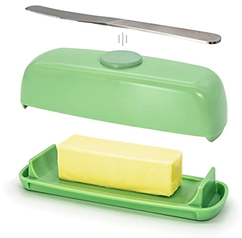 Butter Hub Plastic Butter Dish with Lid and Knife for Countertop - Covered Dish Keeper with Magnetic Knife Holder, Easy Scoop, No Mess Lid Container, Dishwasher Safe, BPA-Free - Pistachio, US Regular
