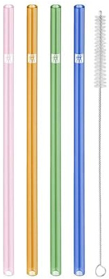 ZWILLING Sorrento - Cannucce in vetro borosilicato riutilizzabili e sostenibili per bevande fredde e calde, 4 pezzi, lunghezza 23 cm, forma dritta, colore: Multicolore, incl. spazzola per la pulizia