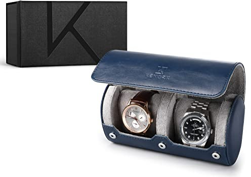 KENARK Luxus Uhrenrolle KW6M-DB - Premium Leder Reise Uhrenetui für 2 Uhren - Anti-Kratz-Schutz - Exquisite Uhrenrolle Aufbewahrung - Moderne Uhrenbox - Perfekt für Uhrenliebhaber