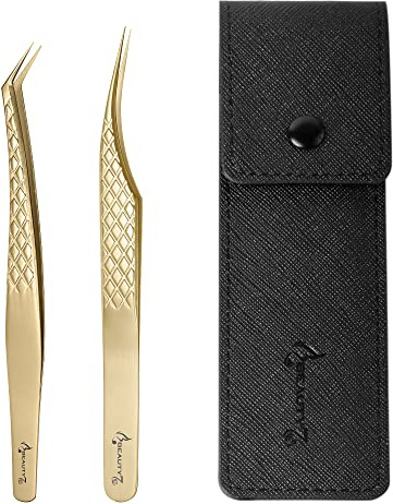 Beauty7 Ögonfransar, pincett, spetspincett, böjd, rostfritt stål, pincett, ögonfransförlängning, precisionspincett med fodral (guld 2 st)