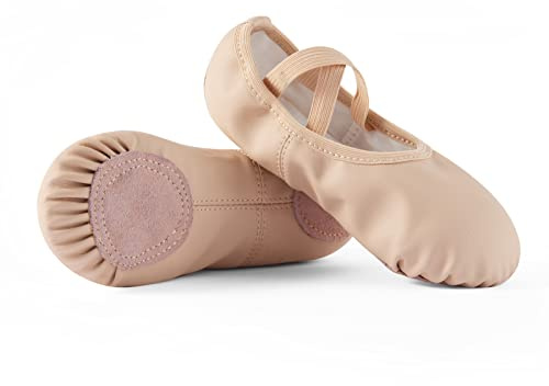 DyingSwan Toddler Ballet Shoes for Girls, Soft Leather Ballet Slippers, No-Tie Ballet Shoes Dance Shoes for Girls (Toddler/Little/Big Kid/Women) Beige