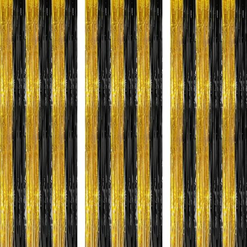 AILEXI 3er Pack Metallic Lametta Vorhänge Folie Fransen Schimmer Luftschlangen Vorhang Tür Fenster Dekoration für Geburtstag Hochzeitsfeier Lieferungen 1 * 2M - Schwarzes Gold