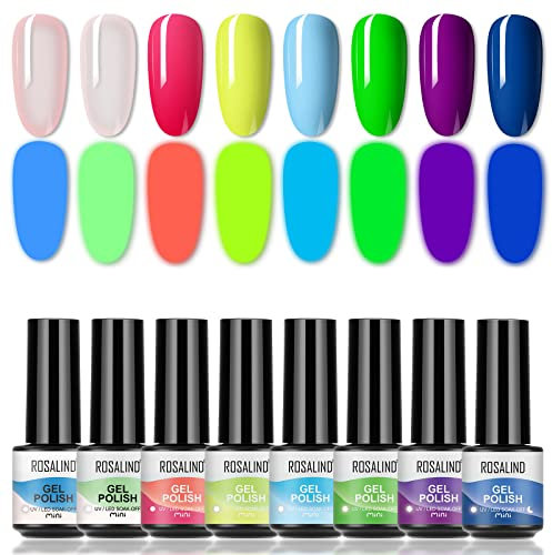ROSALIND UV Nagellack Fluoreszierende Farbe,8 Neon Farben Mini Leuchtende Gel Nagellack Set UV Gel Nägel,LED UV Lack Set für Nail Art Frühling Sommer- Aurora-Lichter