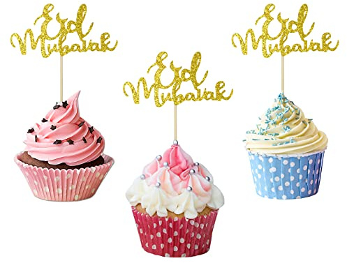 20pcs Eid Mubarak Cake Topper Gold Eid Mubarak Cupcake Topper Ramadan Muslim Hajj Ramadan Decor for Party Cake Decorations