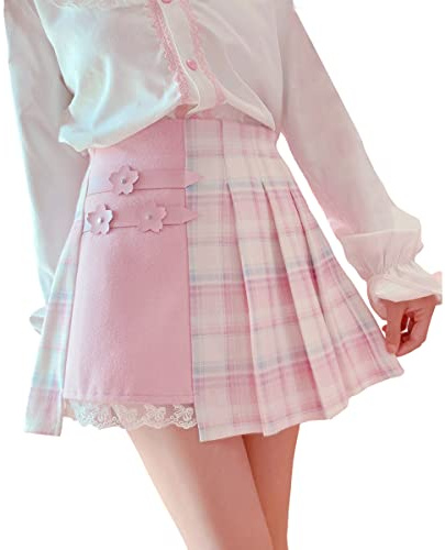 Mini gonna a pieghe scozzese da donna skorts a vita alta tennis skater Lolita carino A-Line gonne corte per ragazze adolescenti, Rosa, XL
