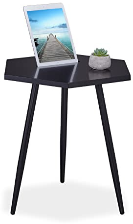Relaxdays Beistelltisch mit Tablet-Halter, HBT: 50x50x43,5 cm, sechseckiger Sofatisch, Wohnzimmer, MDF & Stahl, schwarz
