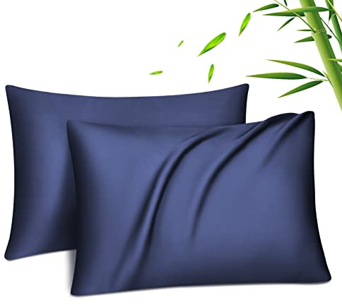 Fittia Lyocell Bambus Kissenbezug 50x70, kühlend atmungsaktiv Marineblau | Kopfkissenbezug 2er-Set, Bambusviskose, seidig weich, temperaturregulierend feuchtigkeitsableitend, verdeckter Reißverschluss