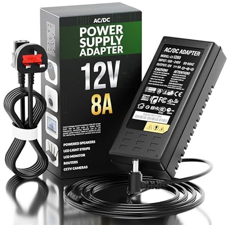Power Supply 12V 8A, AC100-240V to DC12V 96W Power Adapter Charger | Power Adapter Charger Transformer ,UK Plug with DC 5.5mm x 2.1mm Jack for Led Strip, CCTV Camera, LCD Monitors