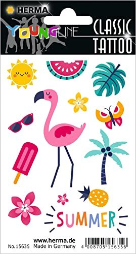 HERMA 15635 Temporary Tattoo Stickers for Children, Summer Feeling, 13 Stickers, Transfer Film, Self-Adhesive, Washable Design, Children's Tattoos for Girls and Boys, Colourful