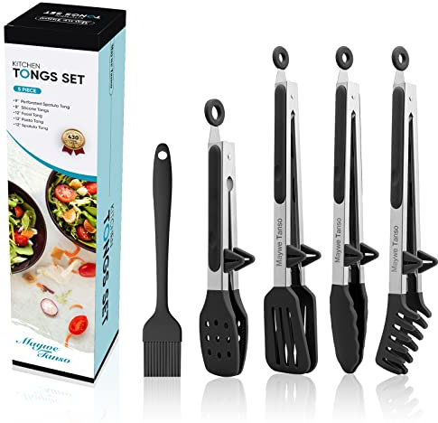 Edelstahl Küchenzange mit Silikonspitzen-5er Set,Maywe Tanso 4 Stück 33 cm Kochzange Fleischzange,Antihaft- Grillzange für Steak Pie Pizza Pasta Spaghetti Salat Grillbuffet,Plus Bürste