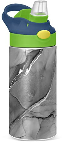 Poeticcity Mixing Acrylic Paints Grey Marble Texture Modern Art Tumbler with Lid & Straw, Boys Girls Stainless Steel Double Wall Cup Water Bottle BPA-Free Vacuum Insulated Thermal Mug 11.8 Oz