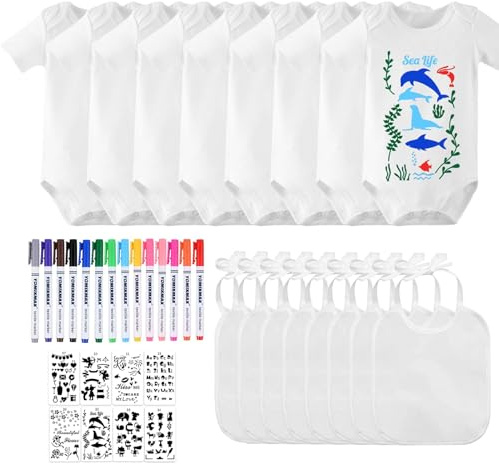 LOEPENLE 16er Set Baby Lätzchen zum Bemalen,Bemalen Kurzarm Baby Body,Bemalen Babyparty,8 Lätzchen+Baby mit 8 Kurzarmbody+14 Bunte Textilstift+8 Schablonen für Spiele Babyshower Strampler