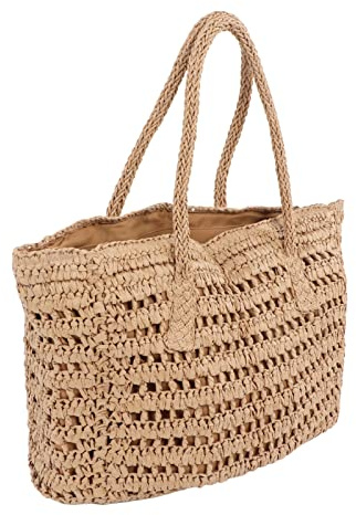 Strandtasche aus Stroh, Vintage-Handtasche aus Stroh, Ausgehöhlte, Gewebte Innentasche mit Reißverschluss für den Urlaub