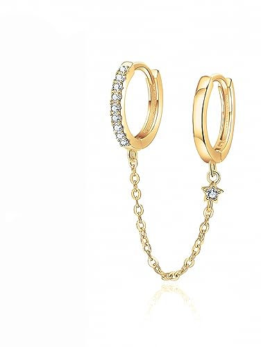 Boucles d'oreilles pour femme en argent originales avec des zircons et une autre avec une texture lisse. Boucle d'oreille pour femme argent ou or 18 carats, idéales pour un cadeau d'anni (Plaqué or)