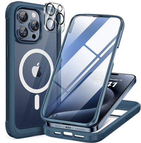 Miracase Magnetic for iPhone 15 Pro Max Case 6.7'' [Compatible with Magsafe] Full-Body Drop Proof Phone Case for iPhone 15 Pro Max with Built-in 9H Tempered Glass Screen Protector,Blue