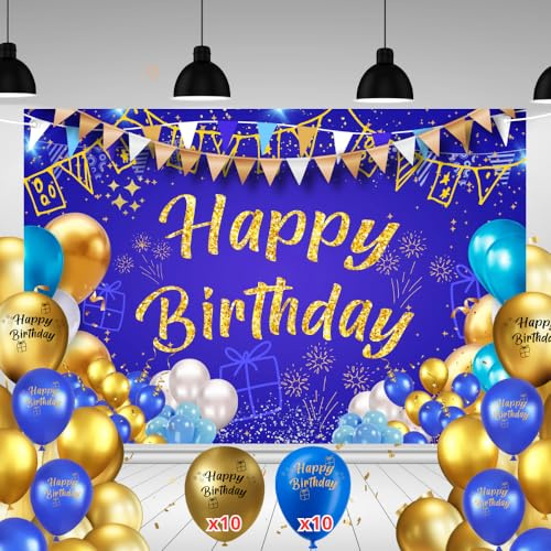 Pancarta Feliz Cumpleaños 110x180cm + 20 Globos | Cartel Decoración Fiesta Adulto Hombre Mujer | Photocall Cumpleaños Azul | Telón Fondo con Cuerda | Adornos y Decoración (Azul Happy Birthday)