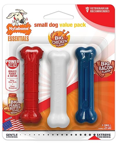 Nylabone Power Chew Kauspielzeug für kleine Hunde, Erdnussbutter, Speck und Huhn, für Hunde bis 7 kg, 3 Stück