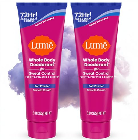 Lume Whole Body Deodorant Plus Sweat Control - Smooth Cream Tube - 72 Hour Odor And Sweat Control - Baking Soda Free, Skin Loving - 3.0 ounce (Pack of 2) (Soft Powder)