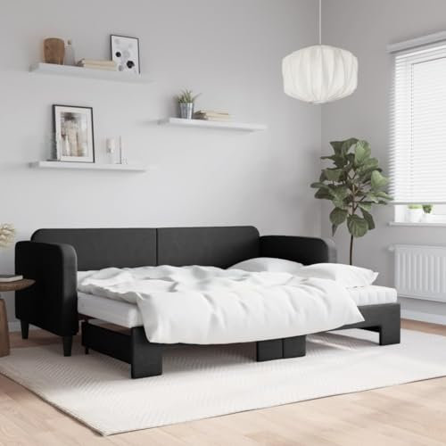 KOIECETA Tagesbett Ausziehbar mit Matratzen Schwarz 80x200 cm Stoff