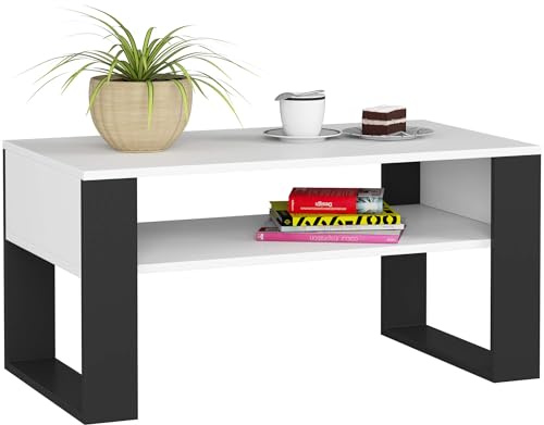 AKORD Couchtisch Holz DOMI mit einem Regal | 92x45x53cm | Für Wohnzimmer | Schlafzimmer Schrank | Minimalistisch Modernes Design | Schichtstoffplatte 16mm | Weiß + Schwarze Beine