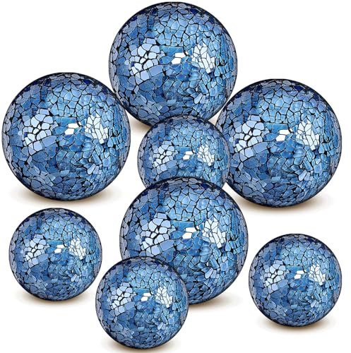 Qinyoung 8 Pcs 3'' 4'' Decorative Ball for Centerpiece Bowls Glass Mosaic Sphere Decorative Orbs for Bowl Vase Fillers Christmas Wedding Party Dining Room Table Decor(Blue)