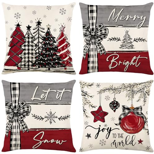 APROPHIC Weihnachten Kissenbezug 18 x 18 Zoll Set von 4 Weihnachtsbaum Schneeflocken Urlaub Kissenbezug Winter Frohe Weihnachten Kissenbezug Leinen Kissenbezug Sofa, Schlafzimmer, Weihnachtsdekoration