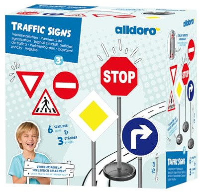 alldoro Verkehrszeichen, 6 Verkehrszeichen & 3 Ständer für Kinder, 75 cm | stabil durch befüllbare Standfüße, Straßenschilder-Set für Kita, Verkehrserziehung, Parcours & Spiel, indoor & outdoor