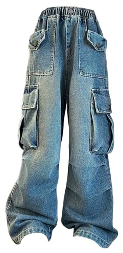 Jeans cargo da ragazza in denim, pantaloni cargo multitasche per bambini, jeans baggy hip hop per adolescenti, pantaloni joggers grigi a vita elasticizzata a gamba larga, casual, per primavera e