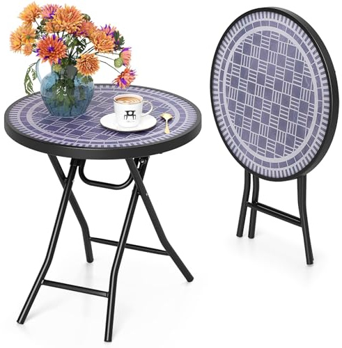 GIANTEX Beistelltisch Klappbar, Gartentisch mit Glas-Tischplatte & Metallrahmen, 46 x 46 x 48 cm runder Balkontisch Klein, Outdoor Terrassentisch für Garten & Balkon (Gold + Weiß)