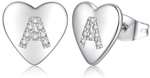 Örhängen silver 925 stiftörhängen silver 925 för kvinnor flickor barn, litet hjärta örhängen silver bokstäver örhängen med zirkon, sömn brosk örhängen 10 mm, S, guldpläterad, Kubisk zirkonia