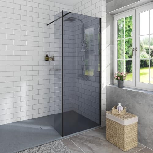 Aquariss 800mm Wet Room Black 8mm Grey Self Clean Shower Screen Panel Walk in Shower Enclosure with 300mm Flipper Panel, 1400x800mm Anthracite Tray and Waste