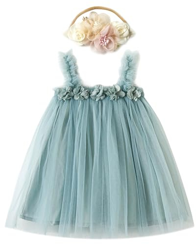 Miipat Bebés Niña Vestidos de Princesa de Tul Tutú para Niños Pequeño Vestido con Diadema de Flores para Fiesta de Cumpleaños Sesión de Fotos Azul Claro 110 3-4 Años