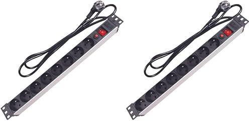 Perel 19 Zoll Steckdosenleiste 8-Fach, 19 Rack Steckdosenleiste mit Schalter, PDU Mehrfachsteckdose Steckerleiste 8 Steckdosen Typ E Erdungsstift, Kabel 2.15 m, 3G1.5, für innen, schwarz